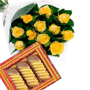 12 Yellow Roses Bunch with Kaju Katli
